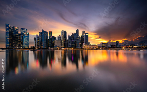 Singapore Downtown Skyline with Colorful Sunset Sky in Summer