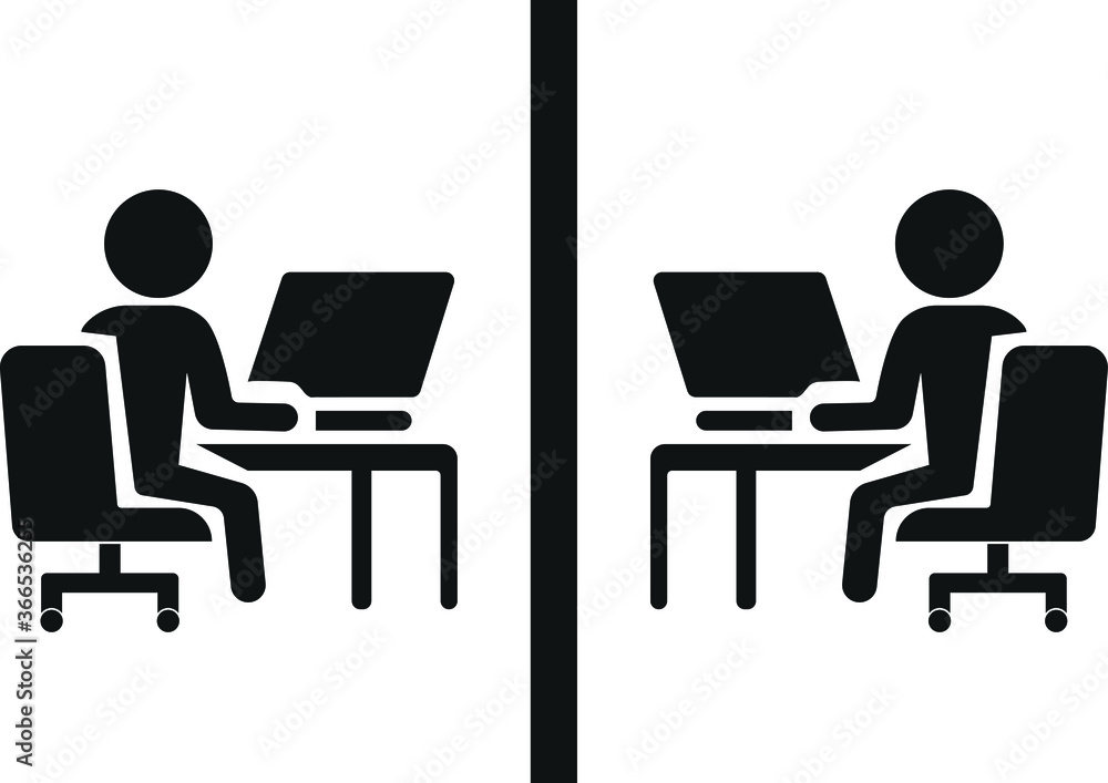 People working on laptops icon. Social distancing icon. Corona virus epidemic protective. Vector illustration