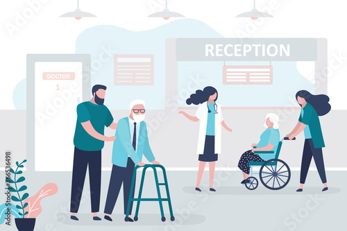 Medical staff and patients in reception hospital. Concept of healthcare and medicine. Doctors and nurse care for elderly