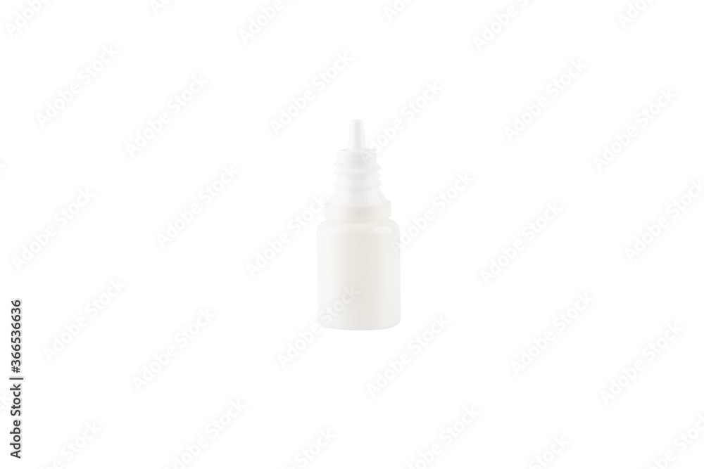 Eye drop or ear drop bottle isolated on white background. Blank white plastic container for fluid. Pharmaceutical packaging product. Eye drop or ear drop bottle isolated on white background. Blank white plastic container for fluid. Pharmaceutical packaging product.