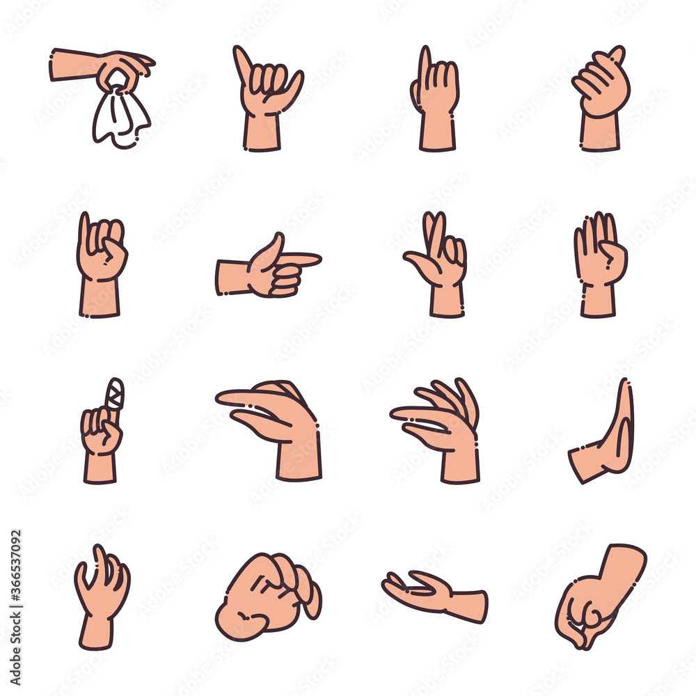 Fototapeta premium gestures with hands line and fill style icon set vector design
