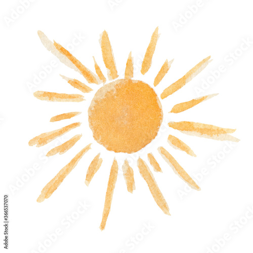Cute vector watercolor shiny yellow sun, sign for Shrovetide festival. Tender orange weather element for kids apps design and print, for Russian traditional holiday Maslenitsa