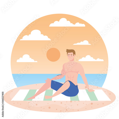 man in shorts sitting on the beach, summer vacation season © Gstudio