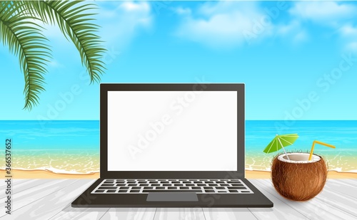 Vector tropical laptop mockup with wooden table, coconut drink and palm branches. Remote work concept