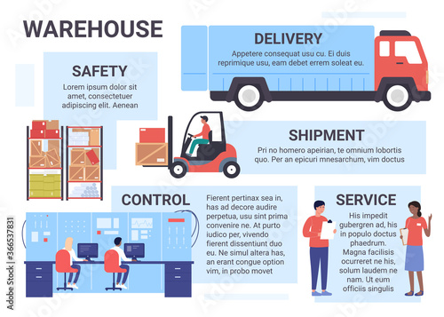 Warehouse logistics service infographic vector illustration. Cartoon flat work process of warehousing company with control over loading and delivery of boxes with goods, safety of parcels background