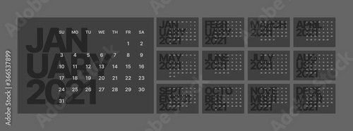 Wall calendar for 2021 year. Planner diary in a minimalist style. Week Starts on Sunday. Monthly calendar ready for print. In dark colors.