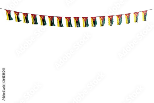 wonderful holiday flag 3d illustration. - many Mozambique flags or banners hanging on rope isolated on white