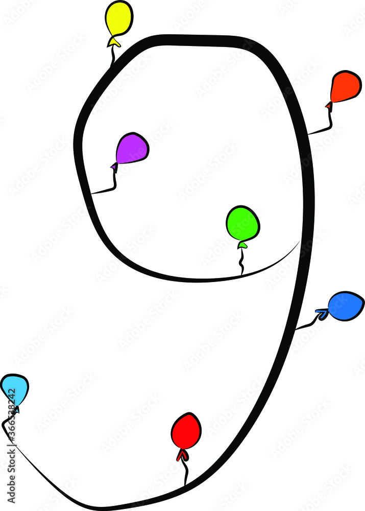 Festive children's font. Black branches and bright colored balloons. Birthday, anniversary, holiday. Design of greeting cards and invitations for weddings and anniversaries. Arabic numeral 9. Concise