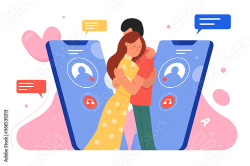 Phone call dating vector illustration. Cartoon flat happy young couple characters standing together, hugging, boyfriend girlfriend on virtual smartphone date, love and relationship isolated on white