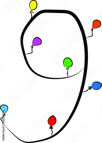 Obraz na płótnie Festive children's font. Black branches and bright colored balloons. Birthday, anniversary, holiday. Design of greeting cards and invitations for weddings and anniversaries. Arabic numeral 9. Concise w salonie