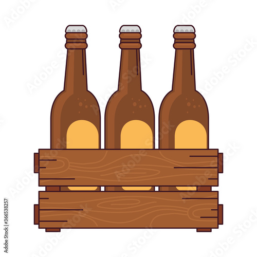 beers set in the wooden box, on white background