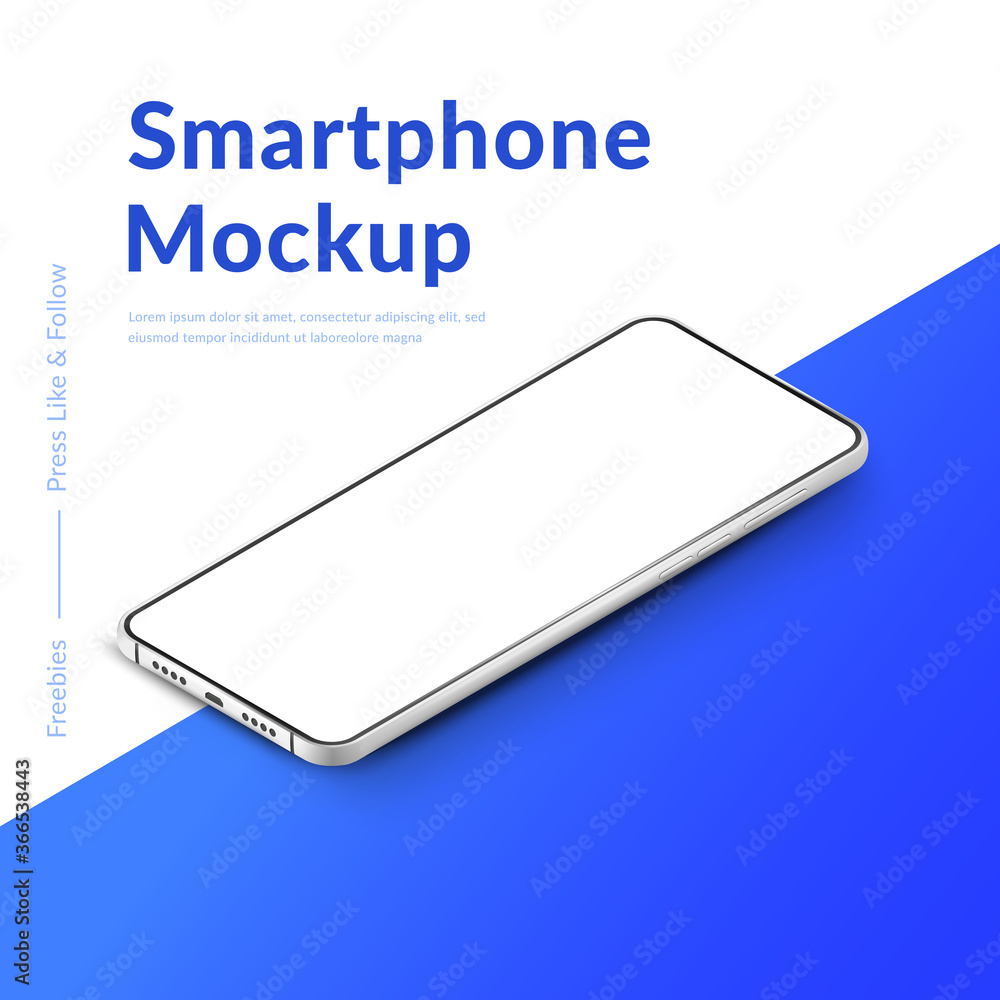 White realistic isometric smartphone mockup. 3d mobile phone with blank  white screen. Modern cell phone template on gradient background.  Illustration of device 3d screen Stock Vector | Adobe Stock