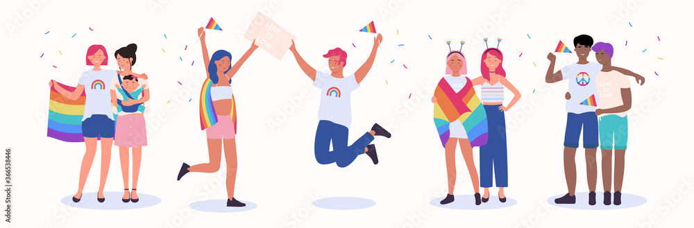 LGBT couple people vector illustration. Cartoon flat happy homosexual family with child, gay and lesbian lover characters in romantic love relationship celebrating LGBT pride month isolated on white