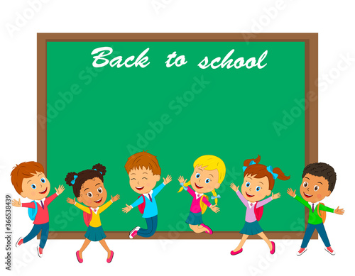 back to school,cartoon kids jumping and blackboard, illustration, vector