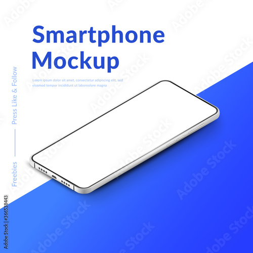 White realistic isometric smartphone mockup. 3d mobile phone with blank white screen. Modern cell phone template on gradient background. Illustration of device 3d screen