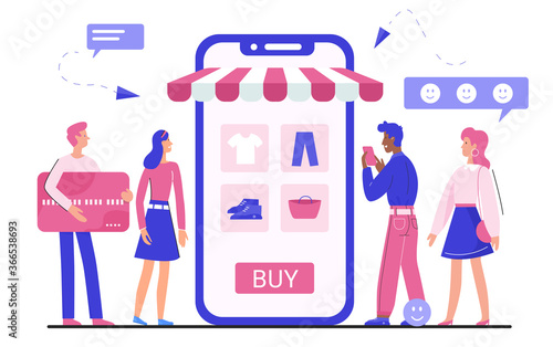 Online shopping application vector illustration. Cartoon tiny flat man woman buyer characters buying clothes and accessories, using mobile shop app, clothing internet store concept isolated on white