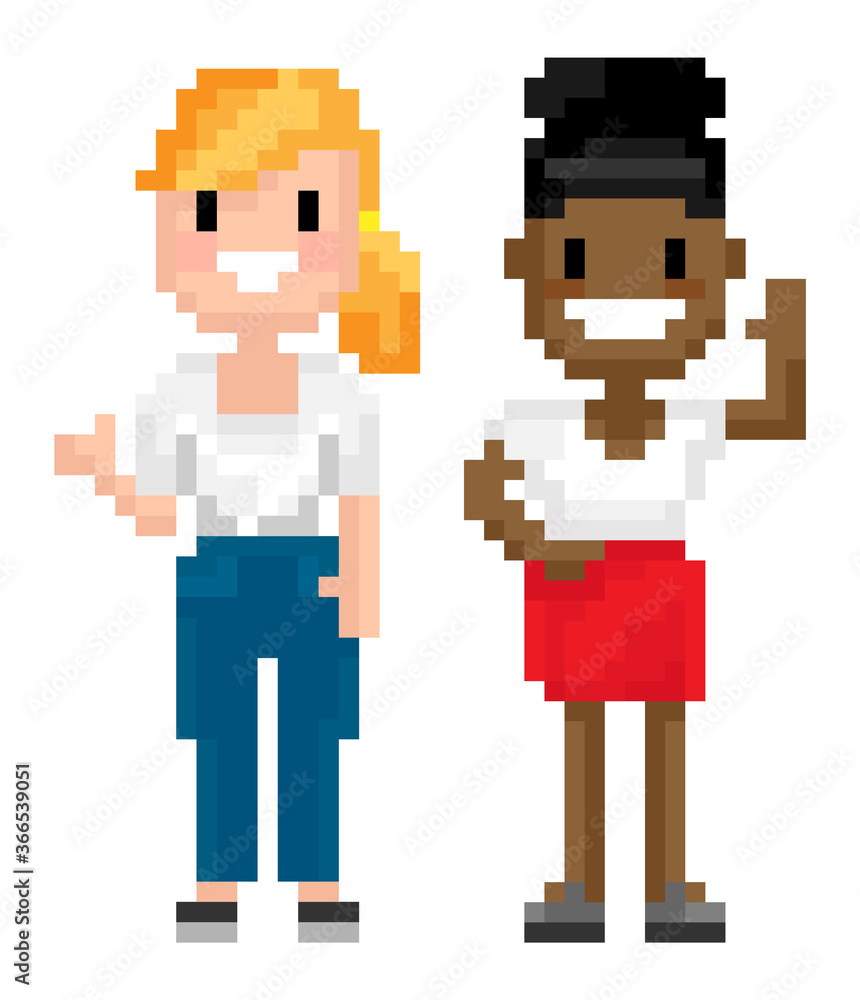 Womans pixelated graphics of 8 bit game isolated character of pixel game, mosaic representation, Afro American and Evropean personages, friends spending time together, for business or education