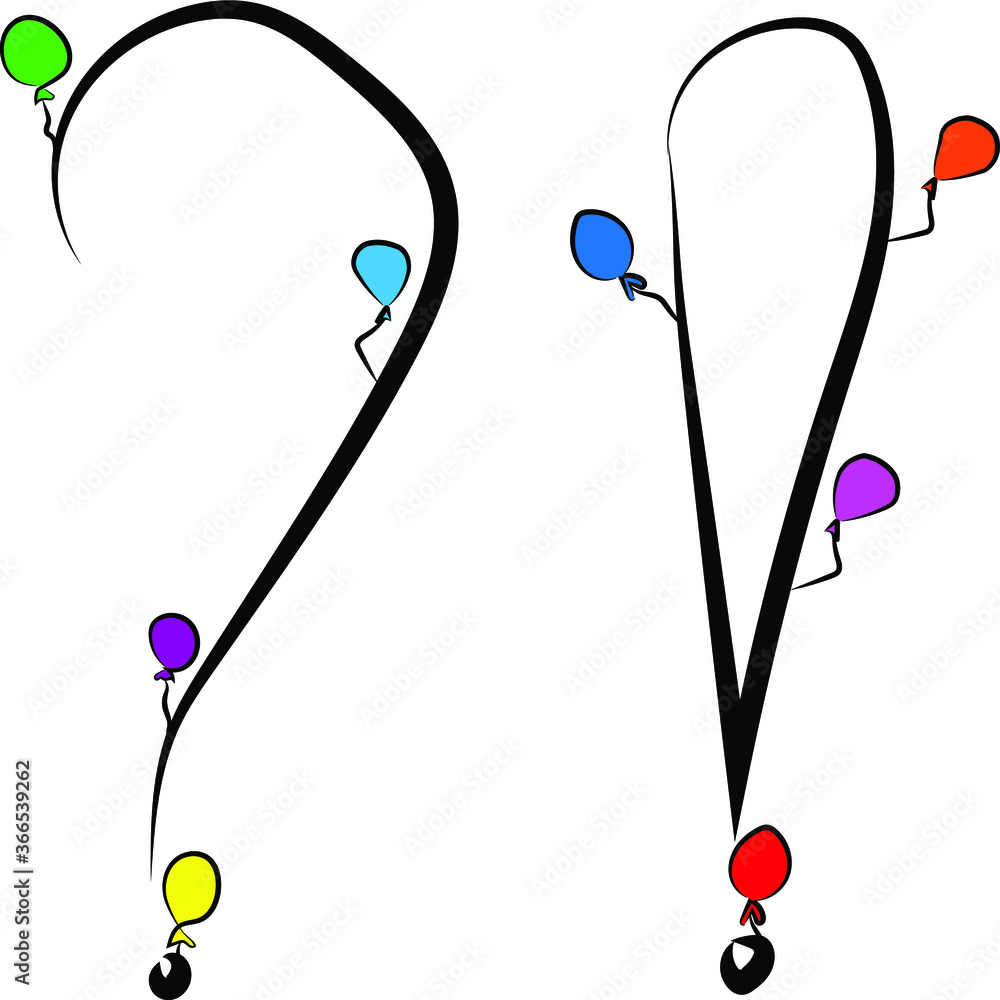 Festive children's font. Black branches and bright colored balloons. Birthday, anniversary, holiday. Design of greeting cards and invitations for weddings and anniversaries. Punctuation mark. Holiday