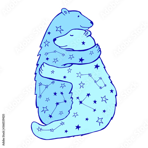 Cute blue polar bear hugs with constellation isolated for white background. Hand drawn animals illustration for card, poster, t-shirt, vall art.