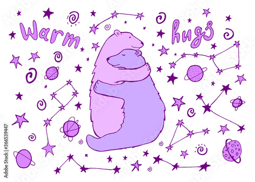 Cute purple polar bear and warm hugs quote with constellation isolated for white background. Hand drawn animals illustration for card, poster, t-shirt, vall art.