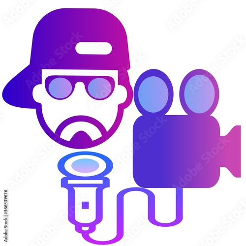 bearded man in cap with microphone and video camera in blue to purple colour play graphic image