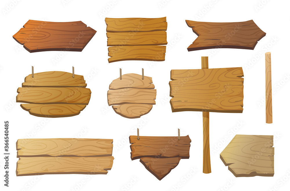Set of isolated wooden signboards and pointers in different shapes and shades. Cartoon vintage signs. - Vector illustration Set of isolated wooden signboards and pointers in different shapes and shades. Cartoon vintage signs. - Vector illustration
