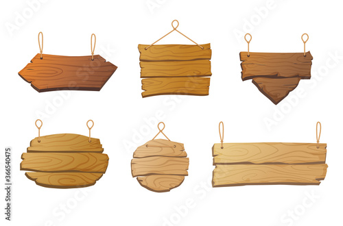 Collection of isolated wooden signboards hanging on rope. Cartoon vintage signs in different shapes and shades. - Vector illustration