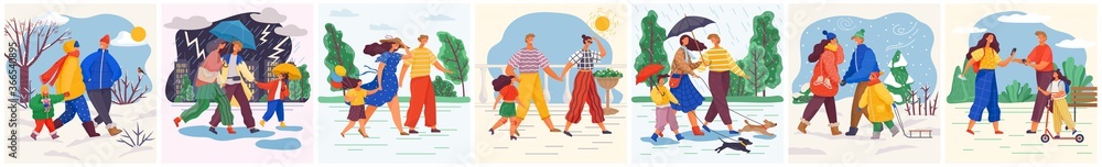 Fototapeta premium Family in various weather conditions. Couples strolling in summer and winter. People wearing seasonal clothes and walking on street in rain, snowfall in park, summer heat. Weather climate. Family walk