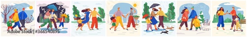 Family in various weather conditions. Couples strolling in summer and winter. People wearing seasonal clothes and walking on street in rain, snowfall in park, summer heat. Weather climate. Family walk