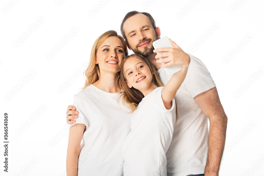 happy family in white t-shirts taking selfie on smartphone isolated on white happy family in white t-shirts taking selfie on smartphone isolated on white
