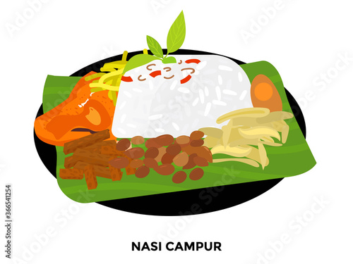 illustration of mixed rice. rice with many simple side dishes. indonesian street food