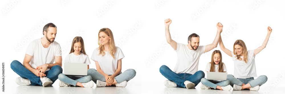 collage of excited parents sitting on floor near happy daughter with laptop isolated on white collage of excited parents sitting on floor near happy daughter with laptop isolated on white