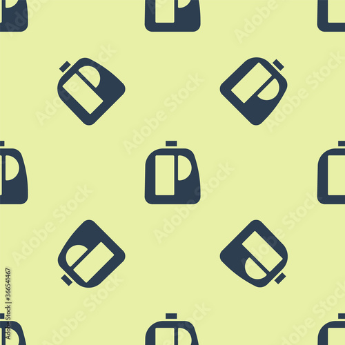 Blue Plastic bottles for laundry detergent, bleach, dishwashing liquid or another cleaning agent icon isolated seamless pattern on yellow background. Vector Illustration.
