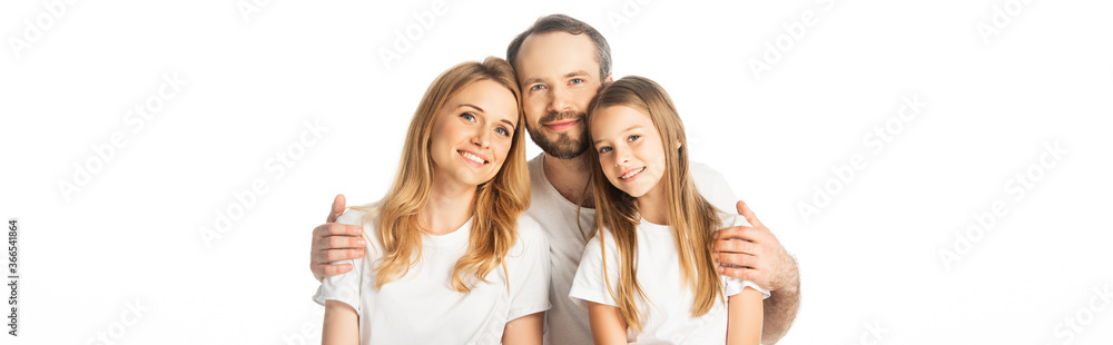 happy family embracing isolated on white, panoramic shot happy family embracing isolated on white, panoramic shot