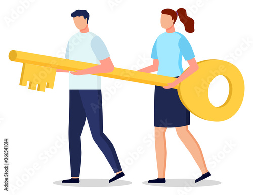 Man and woman hold together golden key to open locked door. Knowledge and partnership can lead to success. People carrying big metal device to have access to place. Vector illustration in flat style