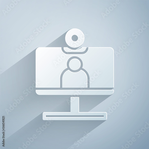 Paper cut Video chat conference icon isolated on grey background. Computer with video chat interface active session on screen. Paper art style. Vector Illustration.