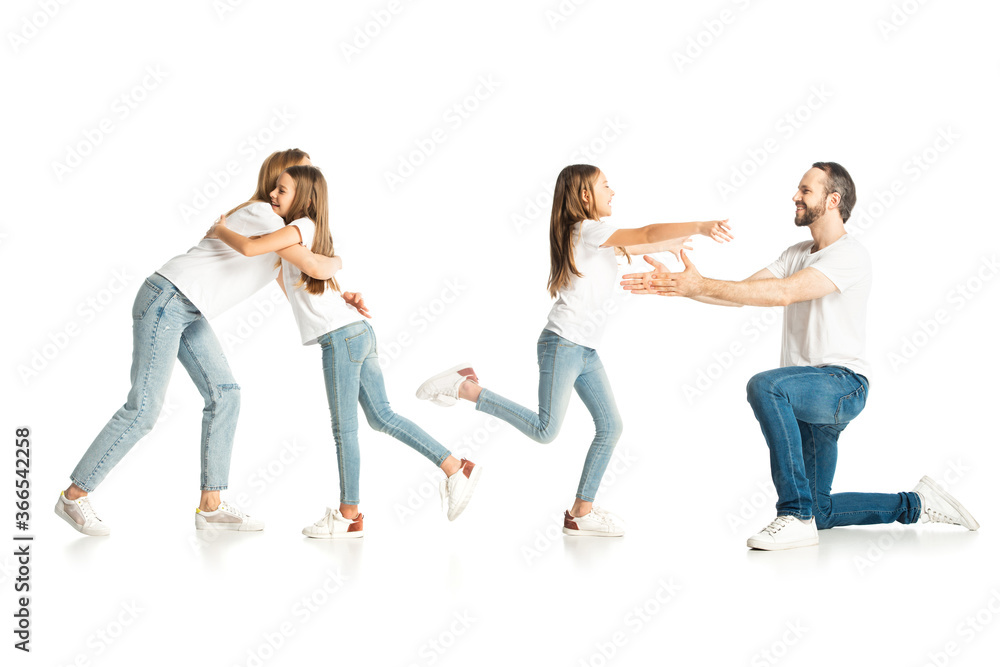 collage of daughter hugging mother and father isolated on white