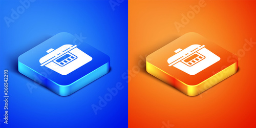 Isometric Slow cooker icon isolated on blue and orange background. Electric pan. Square button. Vector.