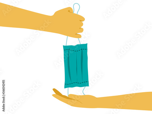  Hand holding face mask give to other hand, safety breathing masks for virus inflection, health protection concept,cover mouth to prevent virus,pollution