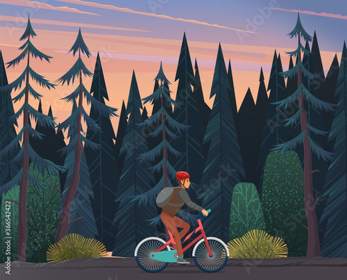 Lonely cyclist rides a bicycle through a dense coniferous forest. Gloomy landscape of the forest. Twilight or early morning. Active sports activities or hobbies. Sport and recreation. Flat image