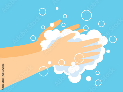 Hand washing with soap and bubbles, prevent virus concept, vector illustration