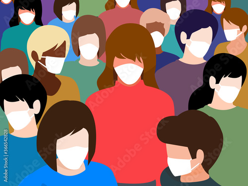 Crowd of people wearing medical mask for corona or covid-19 virus ,safety breathing masks for virus inflection, health protection concept,cover mouth to prevent virus,pollution