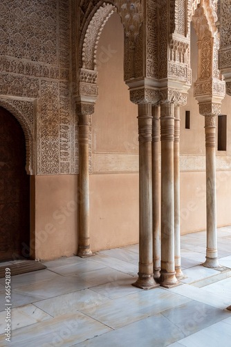 Moorish arches in the Court of the Lions in The Alhambra, Granada, Spain