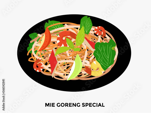 illustration of popular food in Indonesia. bakso, nasi goreng, gudeg, pecel lele, tempe penyet, nasi campur, sup buntut, ikan bakar, tempe goreng, nasi uduk, gulai, tongseng, ayam penyet, sate ayam, s