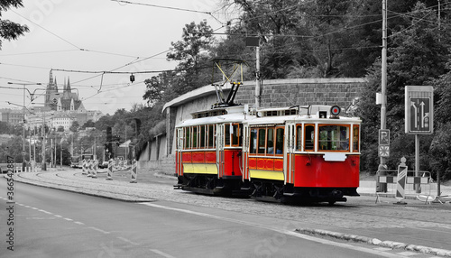 Retro tram on the modern city streets