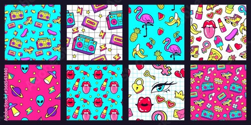 Seamless 90s pattern. Retro 80s pop fashion patterns with funky doodle stickers. Lips, music tape and pink flamingo vector illustration set. Watermelon and banana, cherry and pineapple