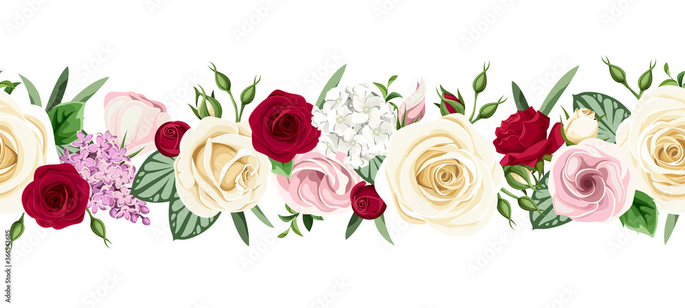 Vector horizontal seamless border with red, pink and white roses, lisianthuses and lilac flowers on a white background.