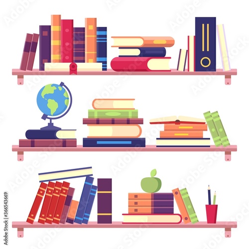Book shelves with stack of books and other objects as binder, globe, apple and pencils. Home library on wall. Education and reading literature concept, knowledge vector illustration