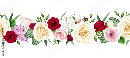 Vector horizontal seamless border with red, pink and white roses, lisianthuses and lilac flowers on a white background.