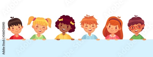 Children peeking out from wall, diverse cheerful kids laughing and smiling. Teenager characters with different hairstyle. Funny boys and girls with pink cheeks and nose vector illustration